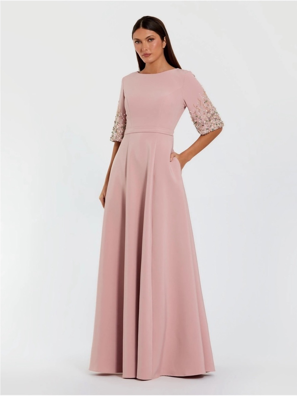 Mac Duggal 2322 Pink Pink Crepe Gown With Embellished 3/4 Sleeves sz 14